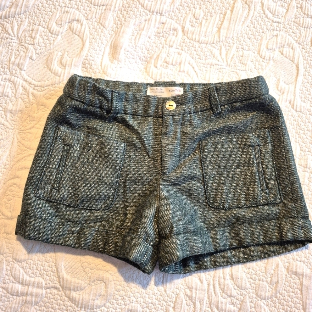 Zara girls size 7/8 shorts, green metallic filament, lined, front pockets EUC